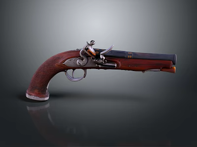 Carved Antique Handgun Sculpture With Intricate Details And Wooden Grip 3d model