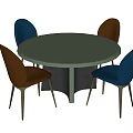 Modern Round Dining Table Set With Gray Tabletop Black Legs And Blue Brown Chairs 3d model