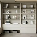 Modern Light Gray Bookcase with Multiple Shelves Drawers Books and Decorative Items 3d model
