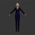 Man in dark blue suit with tie and blonde hair standing arms outstretched