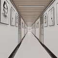Campus Corridor With Artworks On Walls Wooden Ceiling And Light Colored Floor