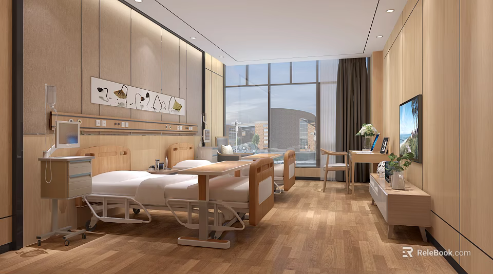 Hospital Ward Interior With Two Beds Wooden Walls Large Windows TV And Plants 3d model 