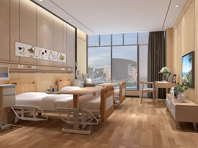 Hospital Ward Interior With Two Beds Wooden Walls Large Windows TV And Plants 3d model