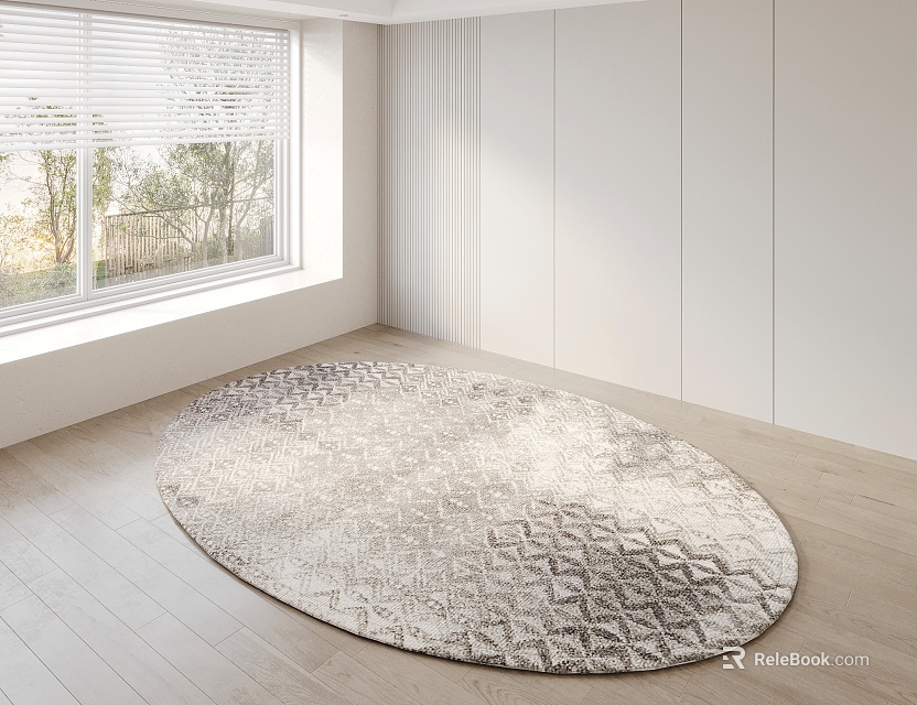 Round Rug With Geometric Pattern On Wooden Floor In Bright Room 3d model 