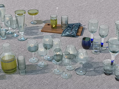 Elegant Wine Bottles And Glasses Display With Various Glass Styles And Wooden Tray 3d model