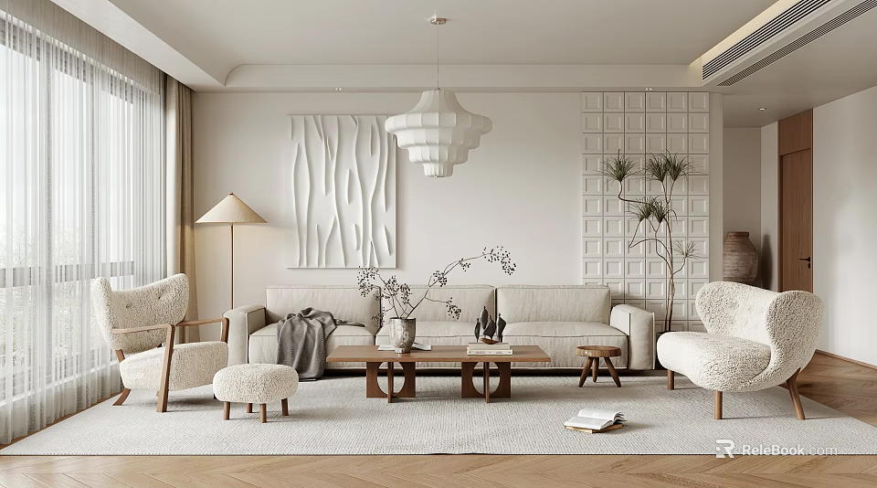 Modern Living Room With Beige Sofa Armchair Pendant Light Decorative Painting Green Plants And Rug 3d model 