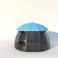 Transparent Glass Dome Structure With Blue Umbrella Shaped Top And Glass Panels