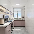 Modern Kitchen Interior With White And Pink Cabinets Marble Countertop And Appliances