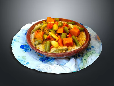 Colorful Mixed Vegetable Dish Served In Clay Bowl On Floral Patterned Plate 3d model