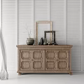 Wooden Entryway Console Table With Decorative Vases And Frames Against White Shutter Wall 3d model