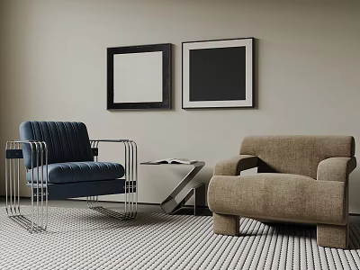 Accent Chairs Blue Beige with Metal Frame Black Framed Art Striped Rug Side Table 3d model