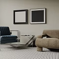 Accent Chairs Blue Beige with Metal Frame Black Framed Art Striped Rug Side Table