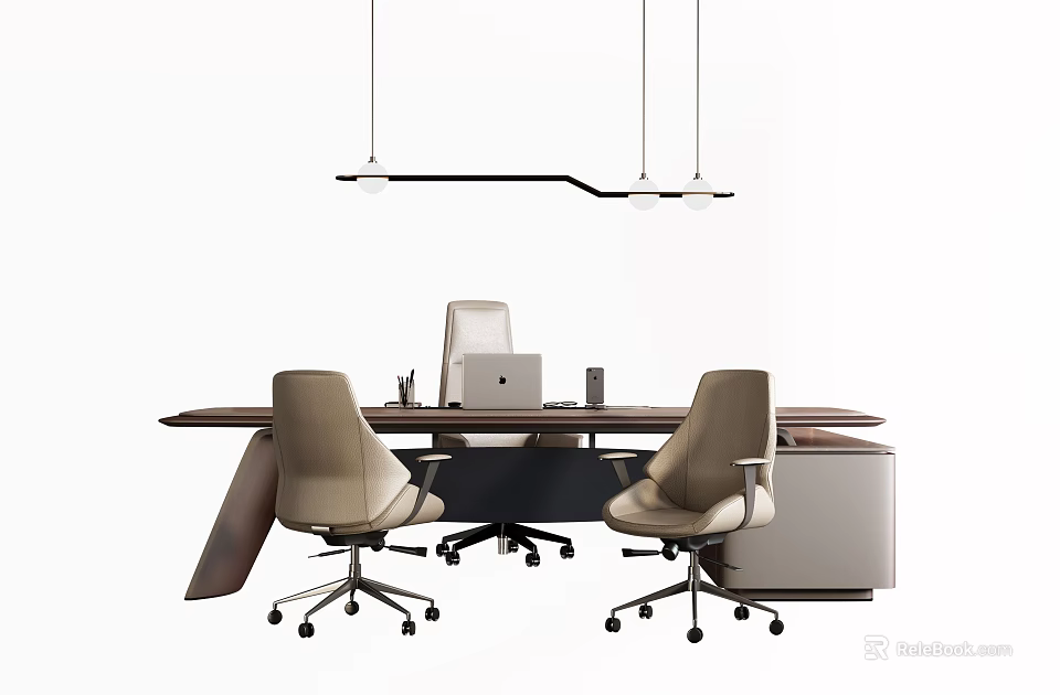 Modern Office Desk Setup With Laptop And Ergonomic Chairs Under Hanging Lights 3d model 