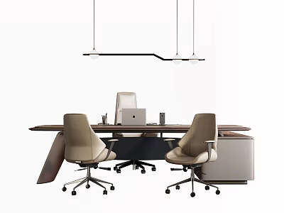 Modern Office Desk Setup With Laptop And Ergonomic Chairs Under Hanging Lights 3d model