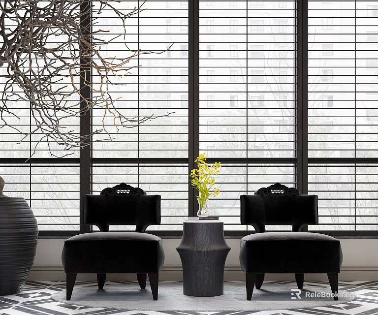Leisure Sofa Set with Black Seats Coffee Table Yellow Flowers and Window Blinds Decor 3d model 