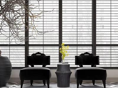 Leisure Sofa Set with Black Seats Coffee Table Yellow Flowers and Window Blinds Decor 3d model