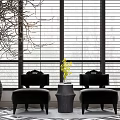 Leisure Sofa Set with Black Seats Coffee Table Yellow Flowers and Window Blinds Decor