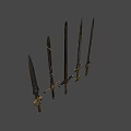 Intricate Decorative Swords With Unique Designs And Metallic Finish On Dark Background