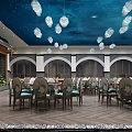 Elegant Banquet Hall With Starry Sky Ceiling Cloud Decorations Round Tables And Lotus Patterned Chairs 3d model