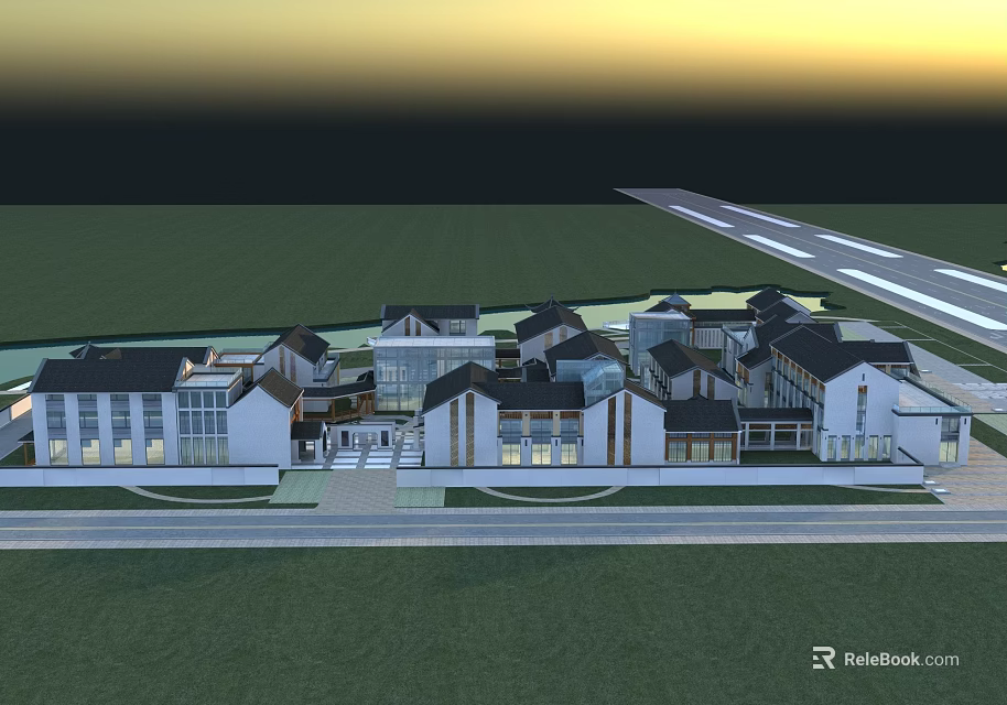 Modern Architectural Complex Featuring Stylish Swing Doors And Green Surroundings 3d model