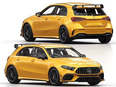 Yellow Mercedes Benz Sporty Hatchback Car With Rear Spoiler And Black Wheels 3d model