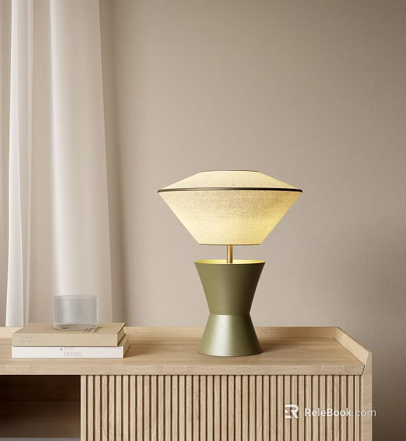 Modern Green Base Table Lamp With Diamond Shaped Light Shade On Wooden Desk 3d model 