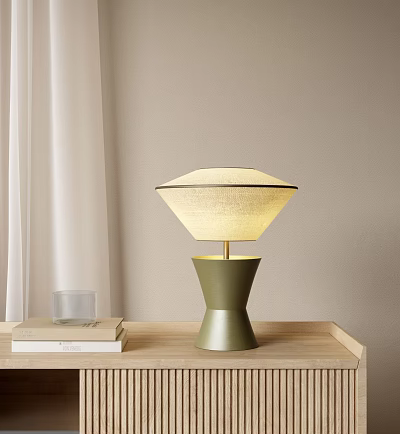 Modern Green Base Table Lamp With Diamond Shaped Light Shade On Wooden Desk 3d model