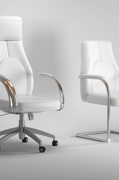 White Office Chairs With Silver Metal Armrests Swivel And Fixed Bases 3d model