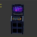 Black Arcade Machine With Purple Screen Display And Control Panel Speakers