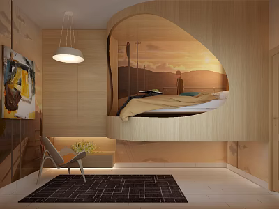 Cozy Kids Room Interior Design With Wooden Floating Bed Sunset View Chair And Rug 3d model