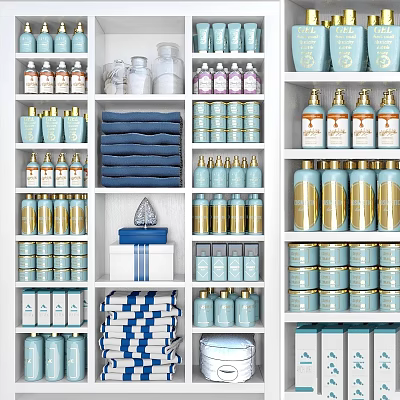 Organized Medical Devices Shelves With Blue White Various Healthcare Supplies 3d model