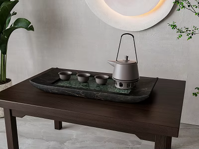 Natural Tea Set with Stone Tray Teapot and Teacups on Wooden Table with Green Plant and Decorative Lamp 3d model