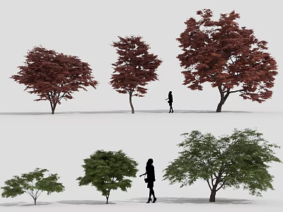 Colorful Arbors With Red Green Foliage Different Sizes And People Silhouettes 3d model