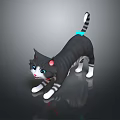 Grey Striped Cat With Blue Eyes Pink Ears Blue Tail Tip On Black Reflective Floor
