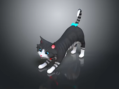 Grey Striped Cat With Blue Eyes Pink Ears Blue Tail Tip On Black Reflective Floor 3d model