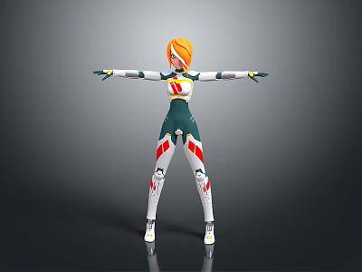 3D Character Model With Orange Hair White Green Red Bodysuit Arms Outstretched 3d model