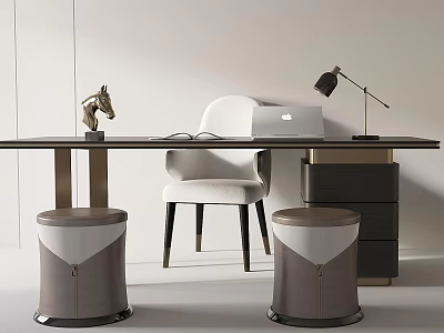 Elegant Modern Desk With White Chair Laptop Table Lamp Horse Ornament Round Stools Drawer Cabinet 3d model