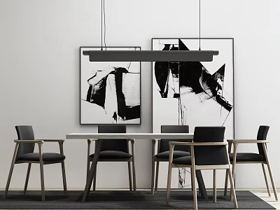 Sleek Modern Dining Table Set With Black Chairs Hanging Pendant Light And Monochrome Wall Art 3d model