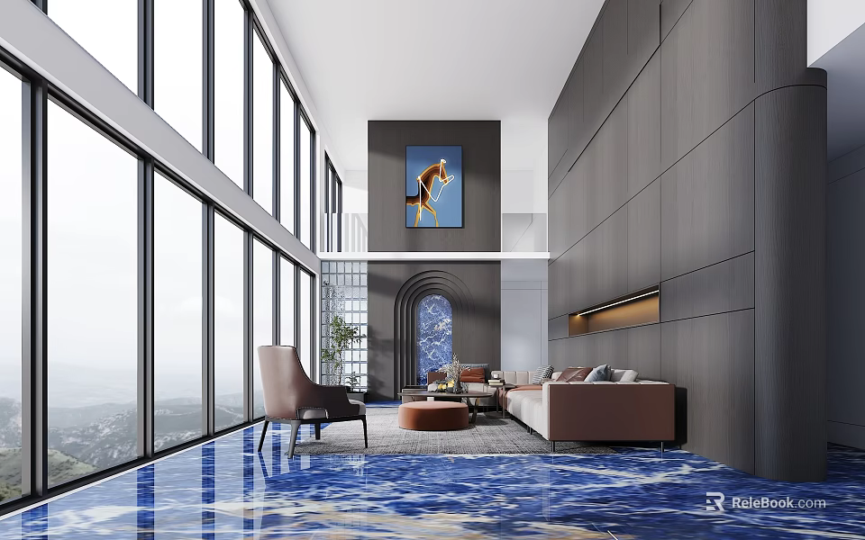 Modern Loft Living Room With Large Windows Blue Artwork And Sofa 3d model 
