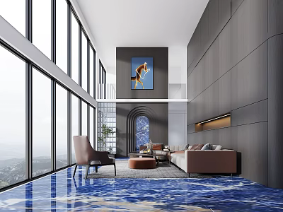 Modern Loft Living Room With Large Windows Blue Artwork And Sofa 3d model