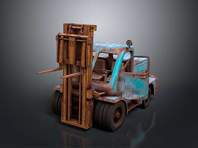 Rusty Blue Vintage Forklift With Metal Forks Large Wheels And Old Cab 3d model