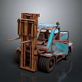 Rusty Blue Vintage Forklift With Metal Forks Large Wheels And Old Cab