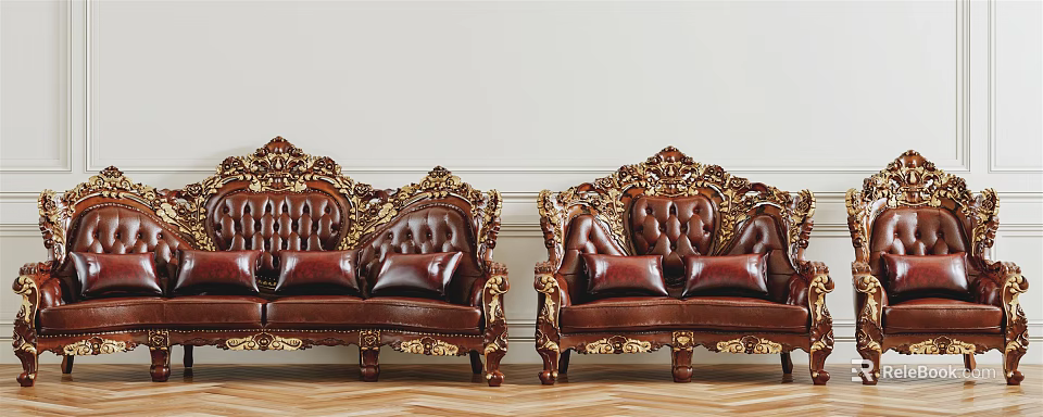 Classic Brown Leather Sofa Set With Gold Carved Accents And Decorative Cushions 3d model 