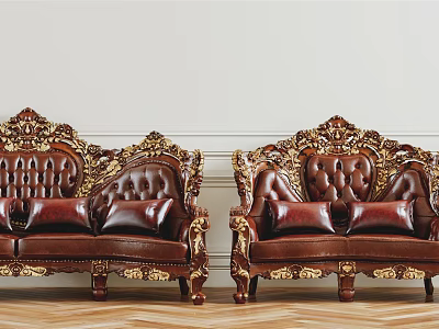 Classic Brown Leather Sofa Set With Gold Carved Accents And Decorative Cushions 3d model