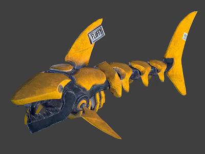 Yellow And Black Mechanical Shark Skeleton Model With BONE Label And Detailed Structure 3d model