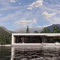Modern Detached Villa With Mountain View Lakefront Large Glass Windows And Water Reflection