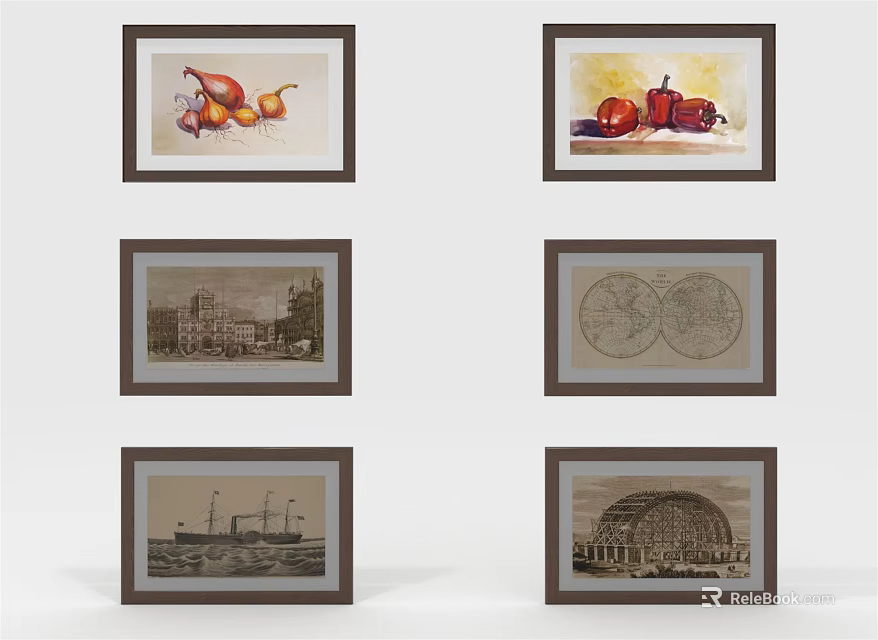Framed Artworks Collection With Fruit Architecture And Map Themes For Wall Decor 3d model 