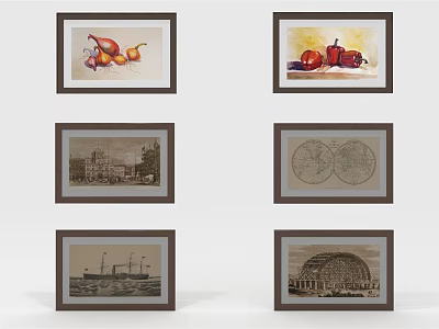Framed Artworks Collection With Fruit Architecture And Map Themes For Wall Decor 3d model