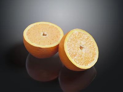 Fresh Juicy Orange Halves Showing Inner Pulp on Black Reflective Surface 3d model