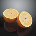 Fresh Juicy Orange Halves Showing Inner Pulp on Black Reflective Surface